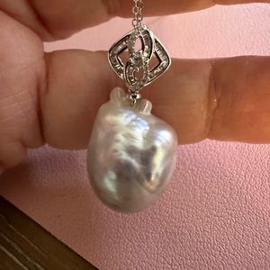 Baroque Large South Sea Pearl Pendant 18mm w Diamonds Bale18kt white gold